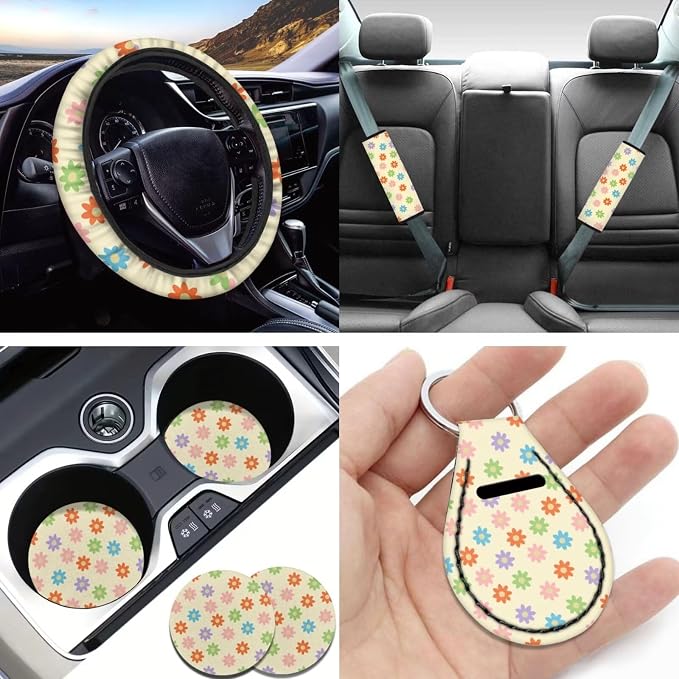 Aesthetic Car Accessories,Boho Flower Car Seat Covers Full Set for Women Lady Vehicle Interior Decor Set,Rainbow Groovy Flower Cute Steering Wheel Cover+Seatbelt+Hippie Vehicle Cup Mat+Keyring