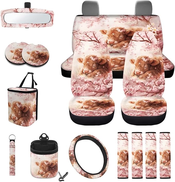 Highland Cattle Cherry Blossom Pattern Car Accessories Set of 15, Full Set Seat Covers Steering Wheel Cover Seat Belt Cushion Car Trash Can Air Vent Storage Bag Cup Coasters
