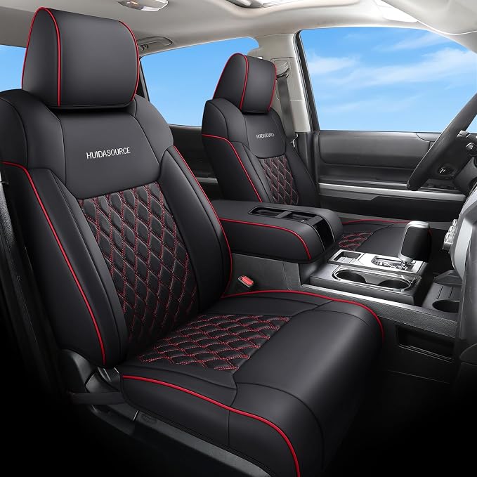 Huidasource Custom Fit Tundra Car Seat Covers Full Set, Waterproof Front&Rear Seat Cushion Fit for 2014-2021 Toyota Tundra CrewMax Pickup Truck (Full Set/Black&Red)