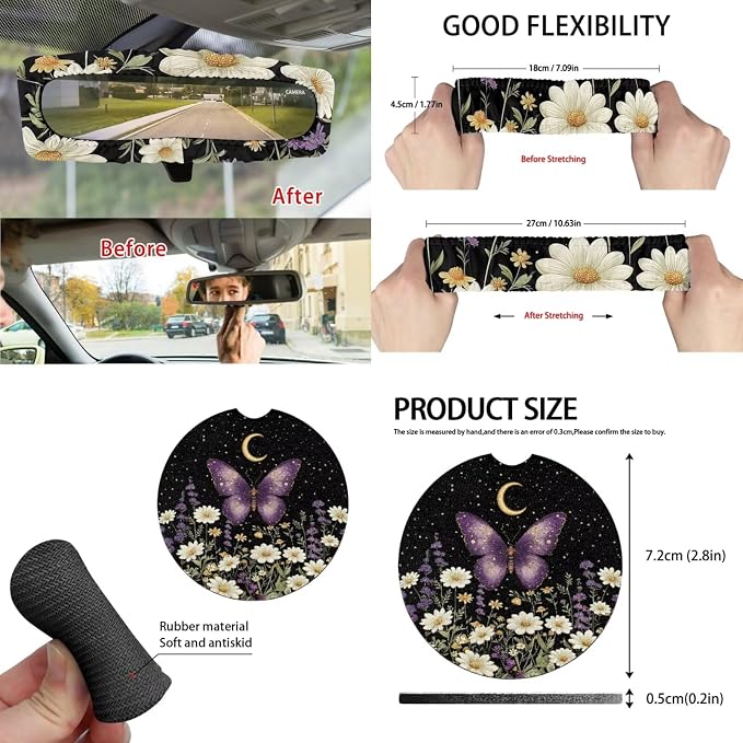 15 Pcs Moon Butterfly Auto Interior Accessories Car Seat Covers with Auto Steering Wheel Cover Seat Belt Covers Car Trash Can View Mirror Cover Coaster Keychains