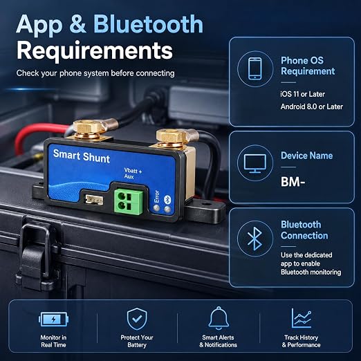 500A Bluetooth Battery Monitor Shunt, 6.5V-70V Intelligent Current Sensor | Fit for LiFePO4 Lead-Acid, 12V 24V 48V High Precision SOC Gauge for RV Marine Solar Off-Grid with Manual