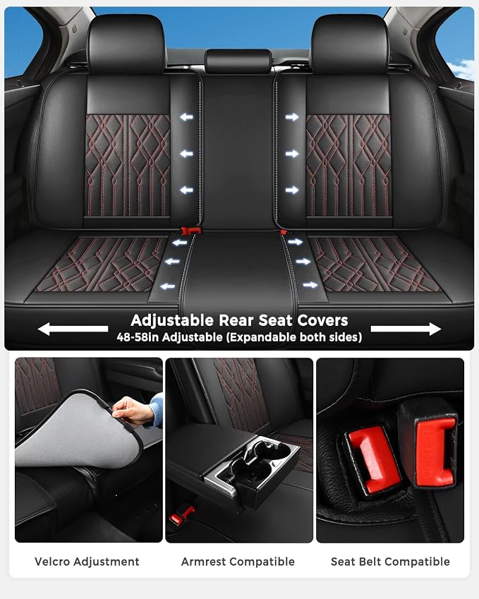 Huidasource Car Seat Covers Full Set, Leather Seat Cover Universal Fit for Most Cars Sedans SUVs Trucks, Airbag Compatible, Cup Holder Access, Easy Install, Wipes Clean, Wear-Resistant, Black&Red