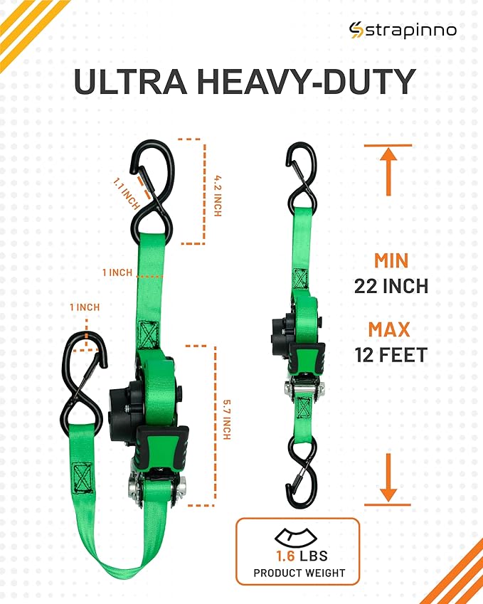Strapinno Retractable Ratchet Straps - 1 in x 12 ft Heavy Duty Tie Downs, 1800lbs Breaking Strength Each, S Hooks with Safety Clip, AutoRetract, for Moving, Motorcycle, Boat, Kayak, and Cargo (4 PCS)