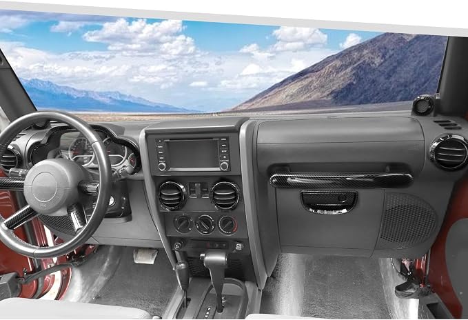 Jimen Fit for Jeep Wrangler JK JKU 2007-2010, 14PCS Interior Kits - Instrument Panel Dashboard Cover, AC Vent Ring, Passenger Grab Handle Trim, A Pillar Speaker Cover (Carbon Fiber)