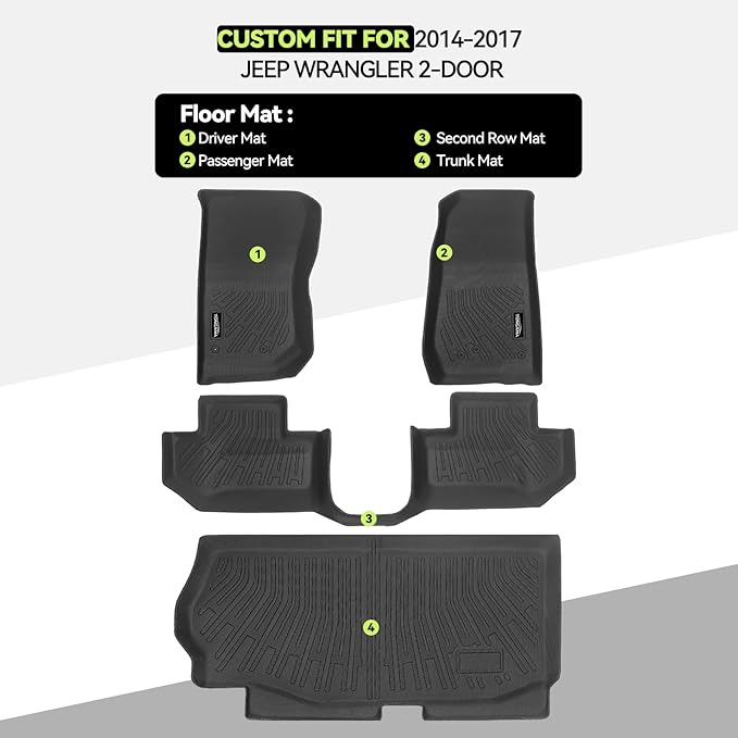 Tongama-Floor Mats for 2014-2017 Jeep Wrangler 2-Door, All Weather TPE Floor Liners and Trunk Mat for Wrangler 2-Door Interior Waterproof Accessories