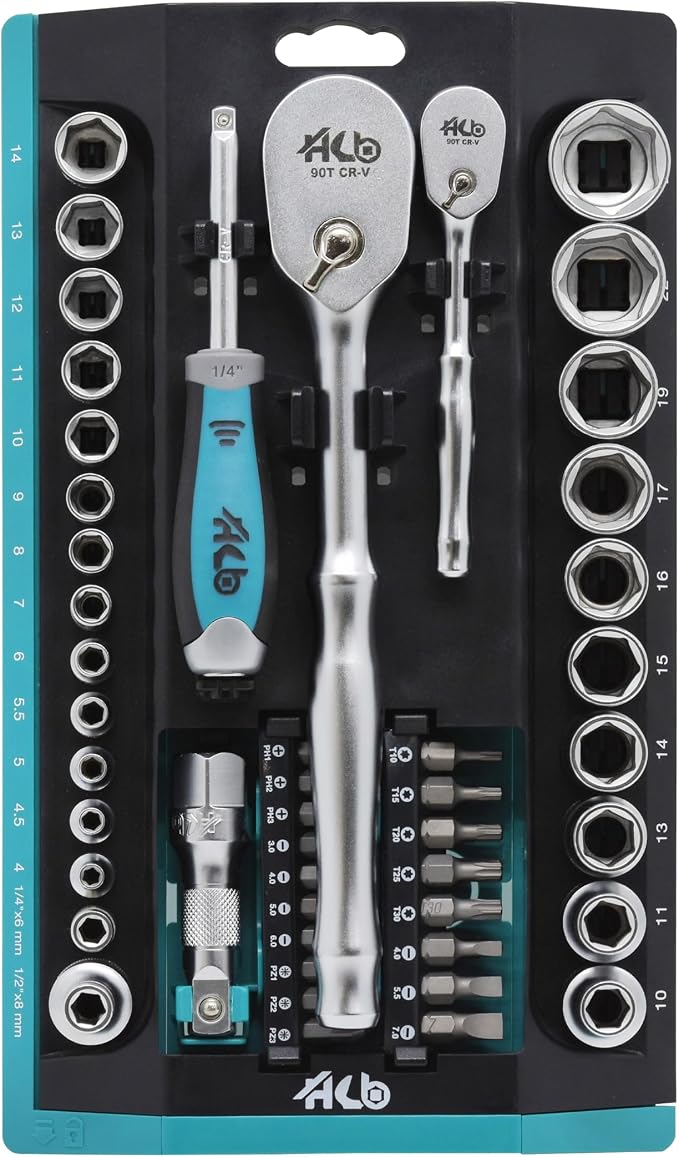 HB 66-Piece Socket Set AKM032-U | 1/4" & 1/2" Drive 90-Tooth Sealed Head Ratchets 4° Arc Swing | Chrome Vanadium Steel Micro-Chrome Finish | SAE Metric Sockets Portable Rack Made in Taiwan