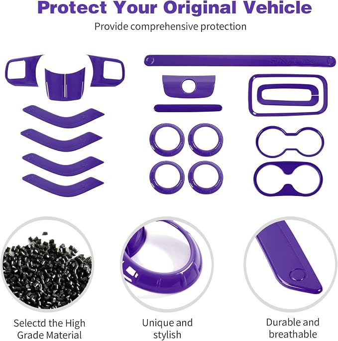 CheroCar 18PCS Interior Trim Kit for Jeep Wrangler JK JKU 2011-2018 4 Door,Steering Button Frame, Air Conditioning Vent Trim Cup Holder Cover,Gear Shift Knobs Frame,Purple…
