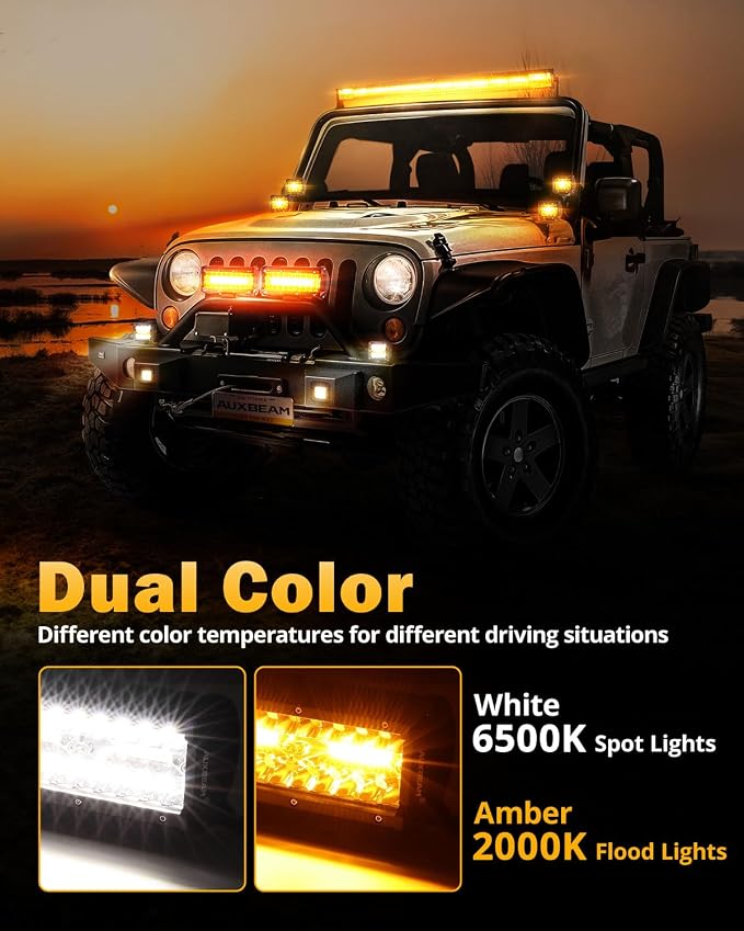 Auxbeam 4-Inch LED Pods with 20-Inch LED Light Bar Offroad Combo Set 3-Pack | 6 lighting modes series, Amber white dual color, Strobe fog lights, Flash/warning/signal, Spot flood combo beam