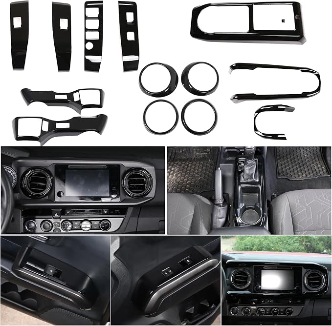 14PCS Full Set Interior Decoration Trim Kit Compatible with Toyot@ Tacoma 2016-2022 Central Control Dashboard Frame Cover Shift Knob Cover Air Vent Trim Cover Window Button Cover (Piano Black)