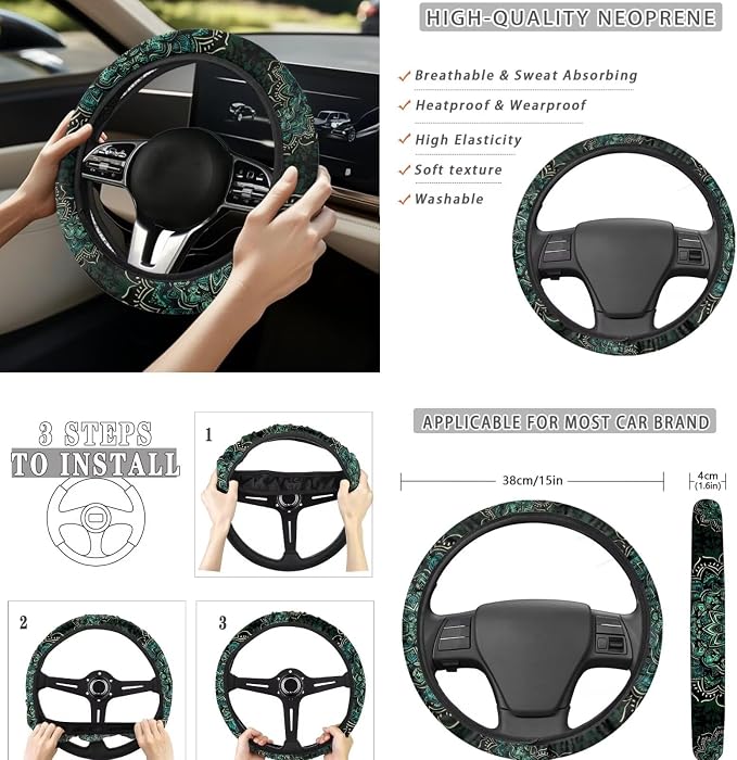 8 Pcs Green Mandala Floral Car Seat Covers Full Set Car Accessories for Women Front Seat Cover Steering Wheel Armrest Cover Seat Belt Cover for Auto SUV Interior Decoration