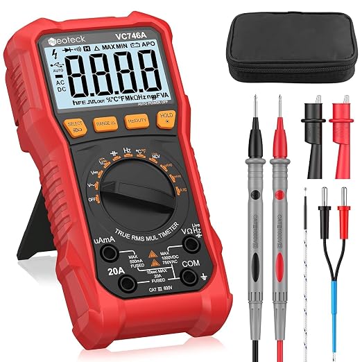 Neoteck 6000 Counts Digital Multimeter for DC AC Voltage/Current TRMS Voltmeter with Test Probe Auto Range Multimeter with NCV Live for Temperature Capacitance Resistance Diode Continuity Red