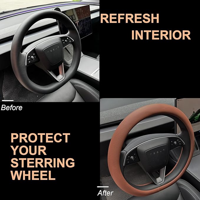 PINCTROT Nappa Leather Steering Wheel Cover for Tesla Model Y/3 Highland/Juniper, D Shaped 14 Inch Small Sized with Breathable Perforation, Fit Like Gloves, Flat Bottom 14 Inch(Nappa Brown)