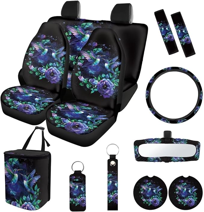 Suobstales Hummingbird Floral Print Car Seat Cover with Steering Wheel Cover, Seat Belt Pads, Car Trash Can, Coasters, Rear View Mirror Cover, Keychains, 13 Pcs Car Accessories Universal for SUV Truck