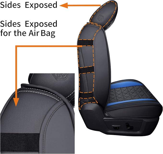 YIERTAI for Dodge RAM Seat Covers Fit 2009-2025 2026 1500/2500/3500HD Pickup Crew Double Cab Quad Cab Laramie Long Horn Rebel Tradesman Waterproof Leather Seat Cover(2 PCS Front only/Black-Blue)