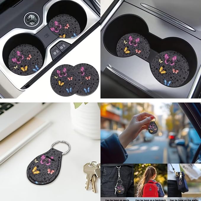 Colorful Butterfly Automobile Seat Cover Sets 12 Pack with Car Steering Wheel Cover Arm Rest Cover Keychain Holder Protector Seat Belt Pads Suitable for Most Cars,SUV