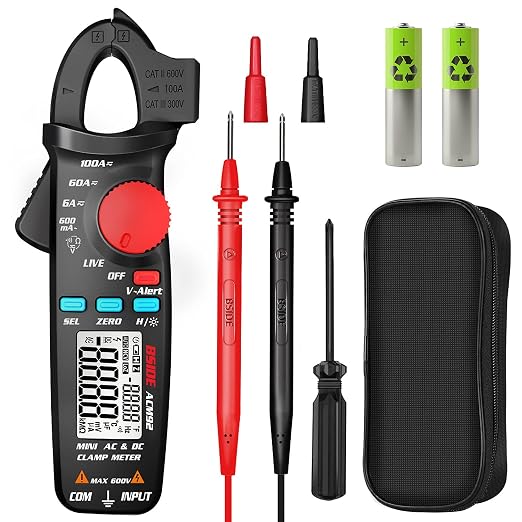 DC Current Clamp Meter 6000 Counts Auto-Ranging Digital Ammeter Amp Ohm Hz Live Check V-Alert Voltage Tester with Back Clip