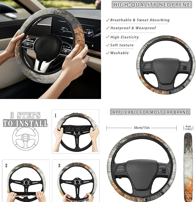 8 Pcs Camo Hunting Deer Car Seat Covers Full Set Car Accessories for Women Front Seat Cover Steering Wheel Armrest Cover Seat Belt Cover for Auto SUV Interior Decoration