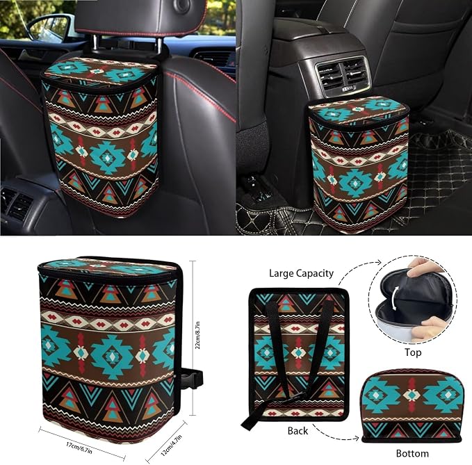 Wanyint Car Seat Cover Set 15 Pack, with Steering Wheel Seat Belt Strap Rearview Mirror Cover Garbage Cans Air Vent Pouch Coasters Keychain Auto Interior Decor, Southwest Aztec Teal Brown