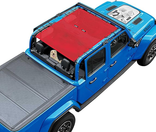 JT Top Sun Shade Roof Compatible with Jeep Gladiator 4 Door 2018 to 2023 Sunshade Sunroof Bikini Cover Blocks UV Wind Noise Cherry Red Mesh for Full Length