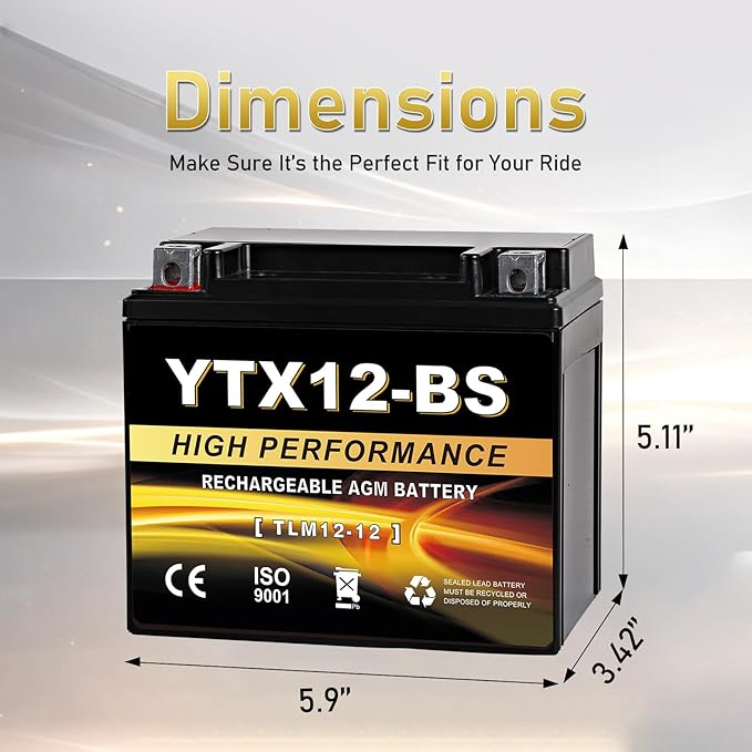 YTX12-BS 12V 10Ah AGM Sealed Motorcycle Battery, Maintenance-Free, Compatible with Honda Kawasaki Suzuki Yamaha Powersports