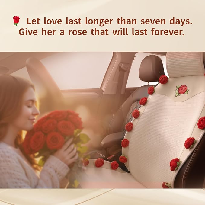 Car Seat Covers,Handmade 3D Rose Design Floral Car Seat Protector,Beige&Red Elegant Seat Cushion,Luxury Universal Front Seat Covers for Women for Cars,SUVs&Trucks (1-Piece)