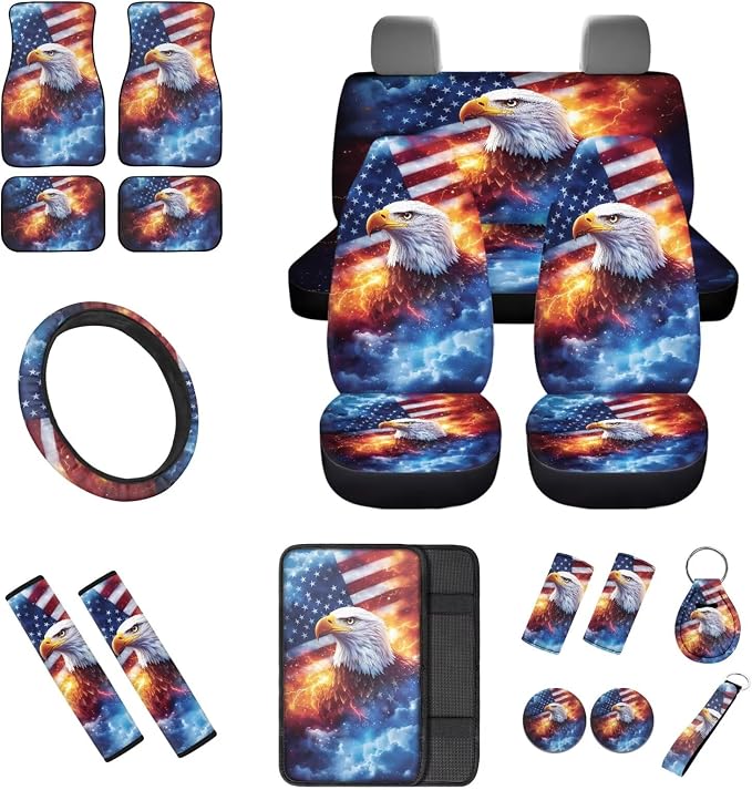 American Flag Eagle Car Seat Covers Car Floor Mats Steering Wheel Cover Armrest Pad Seat Belt Pads Roof Handle Wraps Cup Coaster Keychain Auto Accessories Set of 18 (Lightning Design)
