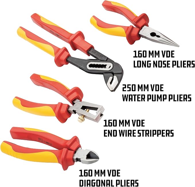 Powerbuilt 4-Piece VDE Pliers Set, Adjustable, Long Nose, Snip Pliers, High-Voltage Electrical and Hybrid Vehicles, Home Repair, Certified High-Quality - 642939