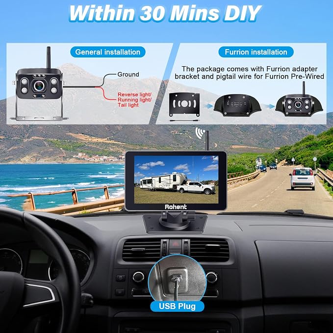 Rear&Front Wireless RV Backup Camera: 7'' Touchscreen Monitor Recording Audio Dash Cam USB Plug and Play Easy Install for Trailer Truck HD 1080P Quick Compatible with Furrion Pre-Wired System N10