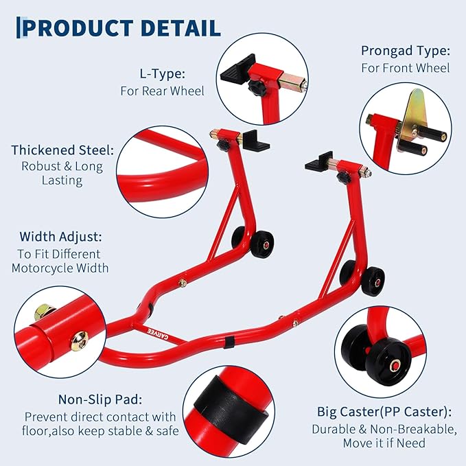 Garvee Motorcycle Stands Front and Rear, 900 LB Heavy Duty Front & Rear Wheel Lift Combo with Prong Adapters+L Adjustable Swingarm Spool, Universal Paddock Stands for Most Motorcycles, Red