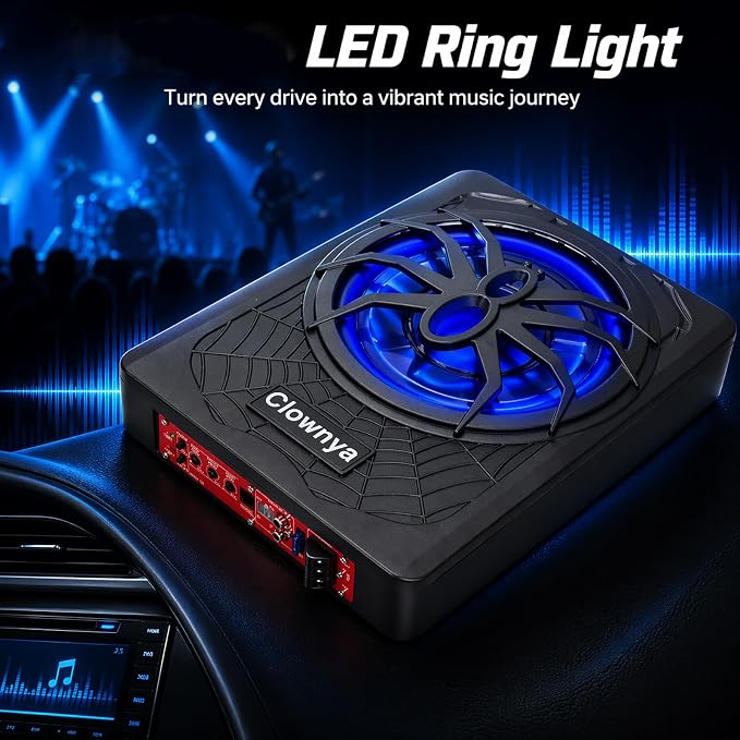 10" 1200W Car Subwooferr - Underseat Subwoofer with Built - in Amplifier, Aluminum Enclosure, High/Low Level Inputs, Blue LED Light and Wired Remote for Truck, SUV, car, Jeep and MPV