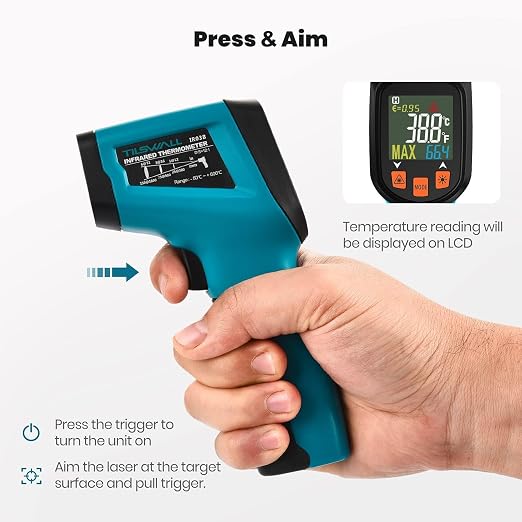 Tilswall Infrared Thermometer, Laser Temperature Gun, -50°C~600°C (-58F~1112F)with Adjustable Emissivity, for Cooking/Pizza Oven/BBQ/Vehicle Repair, Meat Thermometer included, Not for Human(blue),W301
