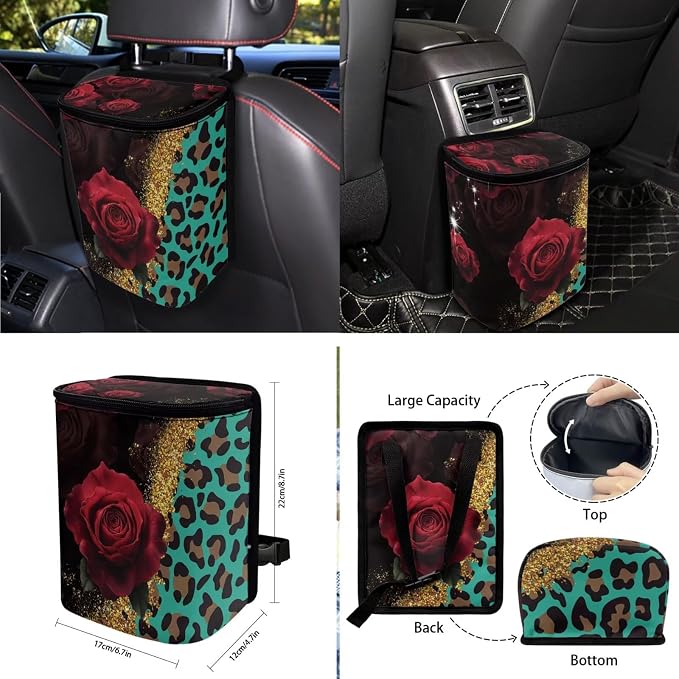 Rose Leopard Pattern Car Accessories Sets 10 Pack Elastic Front Rear Bench Bucket Seat Cover Steering Wheel Cover Car Trash Can Auto Air Vent Storage Coaster and Keychain
