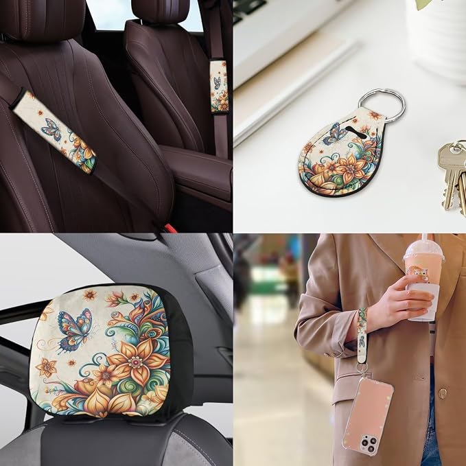 Butterfly Boho Flower Car Seat Covers Full Set Butterfly Flower Car Accessories Set for Women Boho Car Seat Belt Pads Cover Steering Wheel Cover Car Trash Can Car Headrest Covers Universal