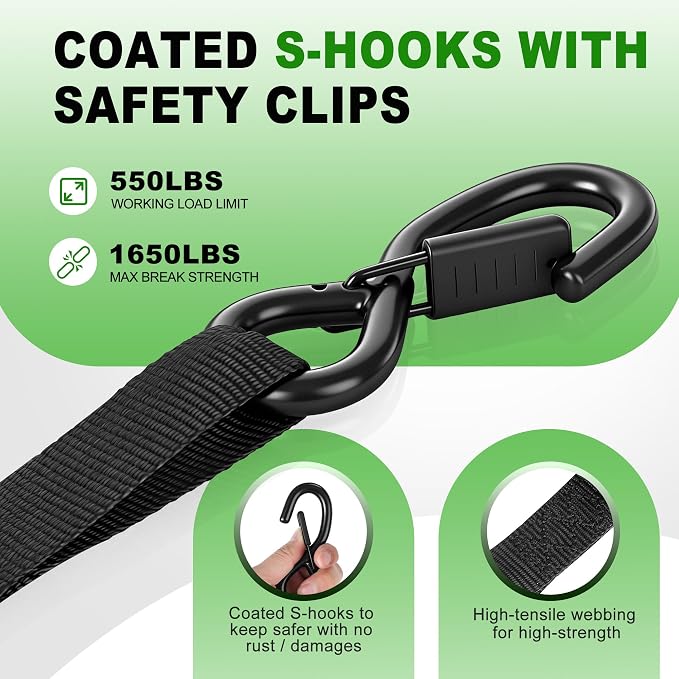 Retractable Ratchet Straps (4-Pack) - 1 Inch x 10 Feet (1,650lb Break Strength) - Auto Self Retracting Tie Down Straps for Truck, Cargo Trailer, Motorcycle, ATV, UTV - Black