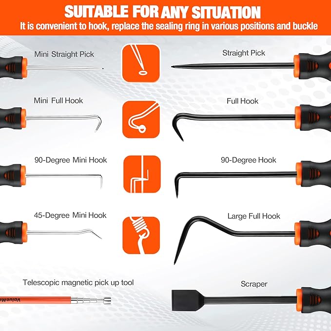ValueMax 10-Piece Precision Hook and Pick Set with Scraper, Magnetic Telescoping Pick Tool, Removal Puller Hooks for Automotive and Electronic Tools, Car Auto Hoses, Oil Seal/O-Rings, Gaskets