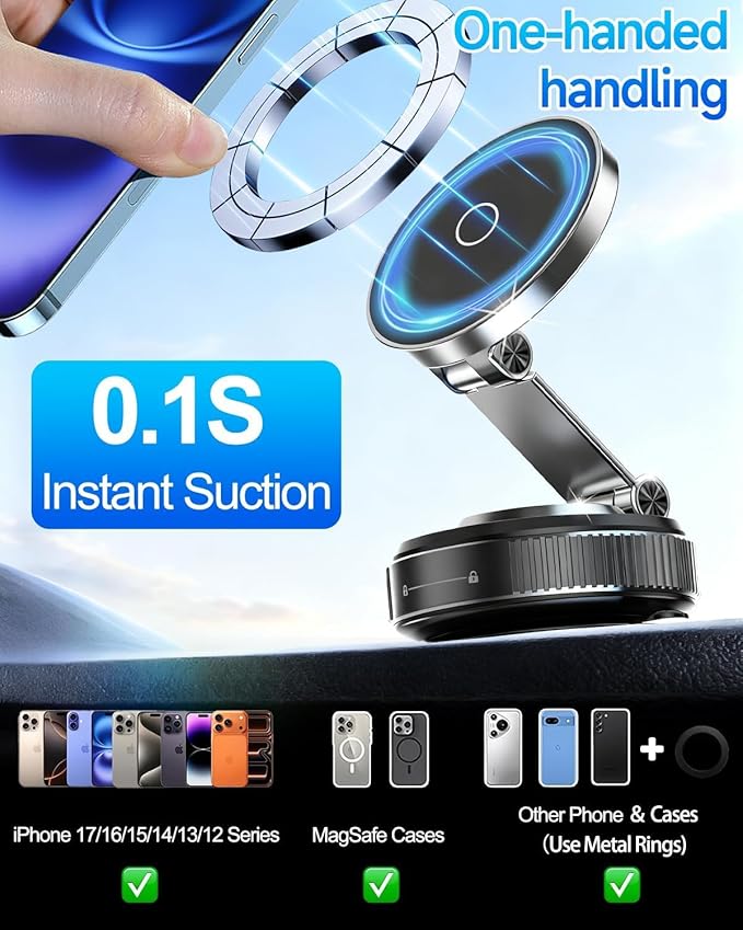 Car Phone Holder Upgraded Vacuum Magnetic Phone Holder for Car with N52 Magnet, Adjustable Suction Cup Phone Mount, Includes Metal Ring