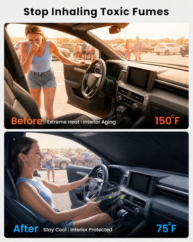 REEVAA 2026 3rd Pro Windshield Sunshade for 2016-2026 Toyota Tacoma | Dual-Layer Heat & Sun Defense, OEM Design | Foldable Sun Shade Car Accessories with Storage Bag