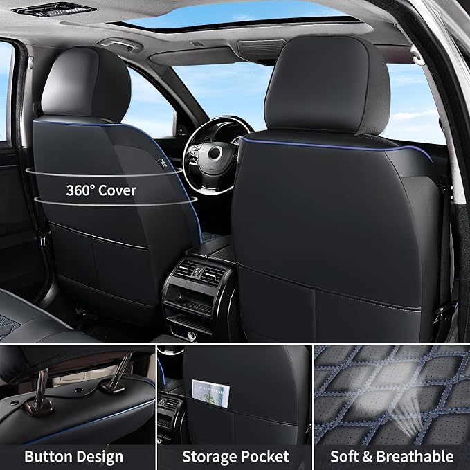 Huidasource Front Seat Covers for Dodge Ram, Leather Car Seat Cushion Cover Fit for 2009-2018 ram 1500, 2010-2025 ram 2500/3500 Crew/Mega Cab, 2019-2025 ram 1500 Classic Only (Flat Front/Black&Blue)