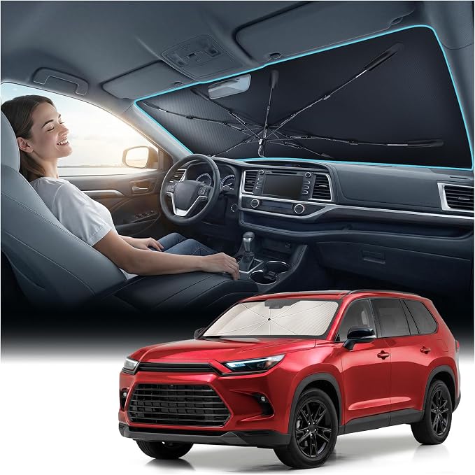 Nmoiss Windshield Sun Shade Umbrella [Vinyl Coating Heat Shield] for Toyota Grand Highlander XLE Limited Platinum Nightshade LE Accessories, Protect Car from Sun Rays