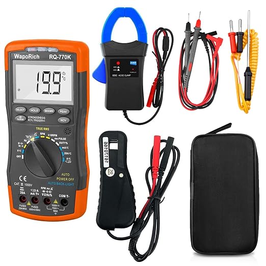 Digital Multimeter RQ-770K Automotive AC/DC Dwell Multimeter TRMS 6000 Counts +RQ-705ASignal Pick-up Inductive Clamp Tach 600 RPM ~ 12000 RPM +RQ-605A AC/DC 600A Clamp-on Current Probe Amp Adapter