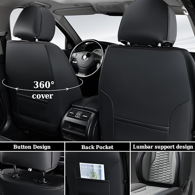 Coverado Car Seat Covers Front Seats, Luxury Leather Seat Covers for Cars, Automotive Car Seat Covers Protector Universal Fit Most Sedans, SUVs, Pick-up Trucks Interior Accessories(Black&Gray)