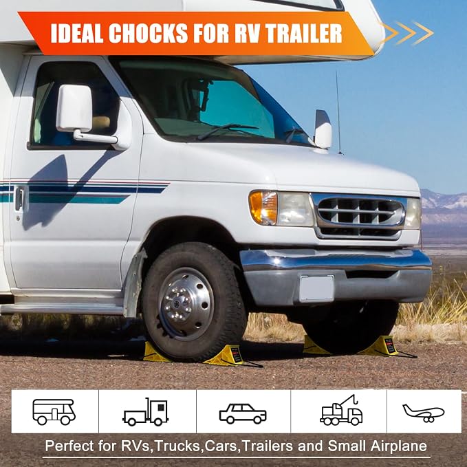 Wheel Chocks for RV Trailer, 4 Pack Non Slip Wheel Chocks for Travel Trailers with Rope for Easy Removal, Lightweight Plastic Wheel Stoppers Block for Camper Cars Trucks