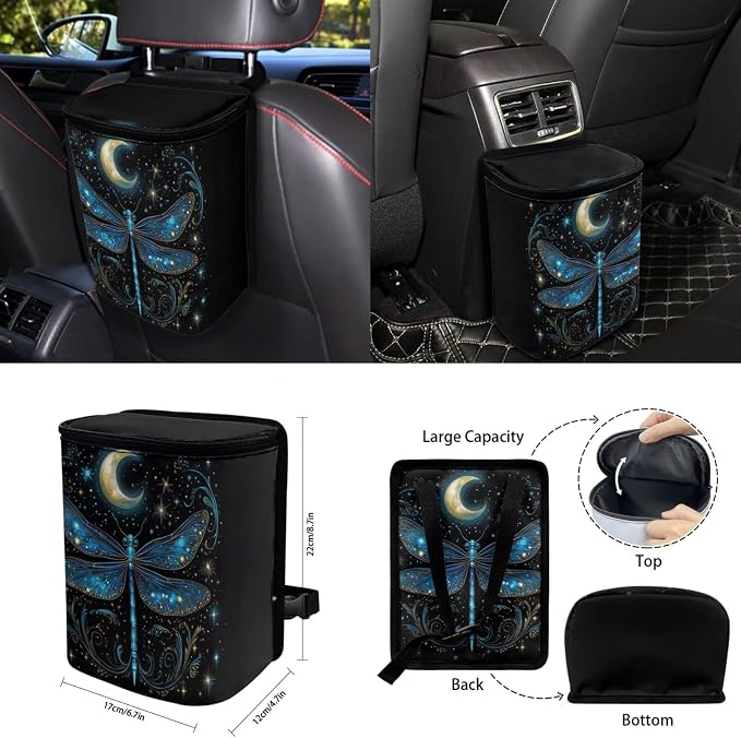 Dragonfly Moon Car Seat Covers Full Set for Women Goth Car Accessories - Steering Wheel Cover Seat Belt Pads Car Coasters Trash Bag Rearview Mirror Cover Keychain