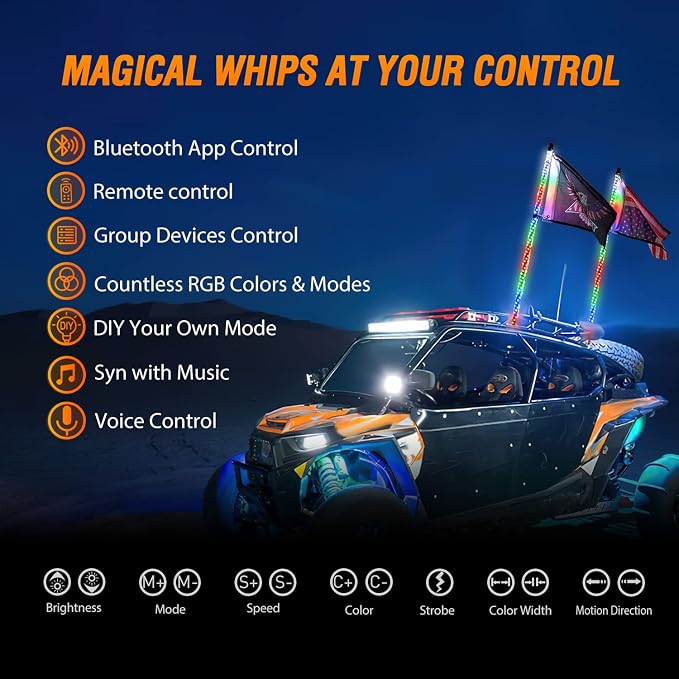 Nilight 2PCS 4FT RGB LED Whip Lights, Remote App Control w/DIY Chasing Patterns Stop Turn Reverse Modes Safety Lighted Antenna for ATV UTV Polaris RZR Can-am Dune Buggy Jeep