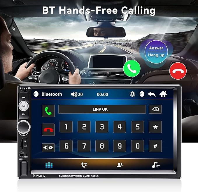 CAMECHO 7" Double Din Car Stereo Audio Bluetooth MP5 Player USB FM Multimedia Radio+ 4 LED Mini Backup Camera with Steering Wheel Remote Support Mobile Phone Synchronization (Used in Android/iOS)