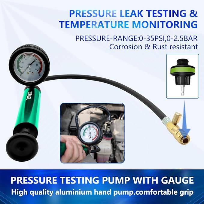 ZKTOOL Aluminum Automotive Cooling System Radiator Pressure Tester Tool,Pressure Test Pump with Pressure Gauge, Aluminum Hand Pump.Compatible with adapters for Various car Models.