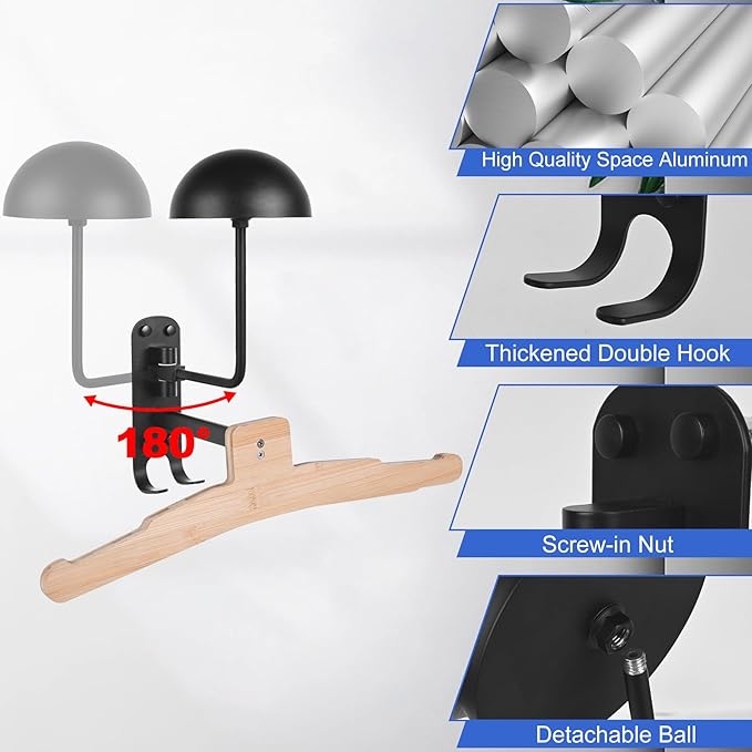 Motorcycle Helmet Rack Wall Mount 180 Degree Rotation Metal Bike Helmet Holder Mount Bicycle Helmet Display Hanger Stand with Wood Hanger & 2 Hooks for Motorcycle Bike Baseball Rugby Helmet - 2 Pack