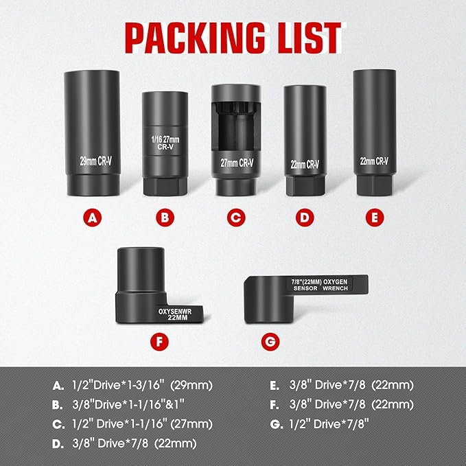 DNA Motoring 7pcs Oxygen Sensor Socket Removal Tool, O2 Removal and Installation Universal Puller and Removal Tool, Sensor Oil Pressure Sending Unit Socket Set, TOOLS-00775