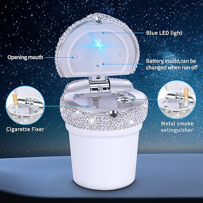 eing Car Ashtray Portable Bling Cigarette Smokeless Cylinder Cup Holder with Blue LED Light Indicator,Car Accessories for Women,Ideal for Car,Home and Office,2 - Pack White