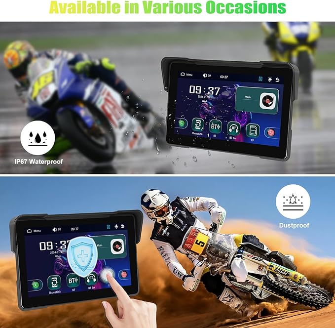 CAMECHO Motorcycle CarPlay Screen, 7" Waterproof Portable Wireless Apple Carplay Android Auto for Motorbike, Touchscreen Car Stereo Support Dual Bluetooth, Mirror Link, EQ, Voice Control